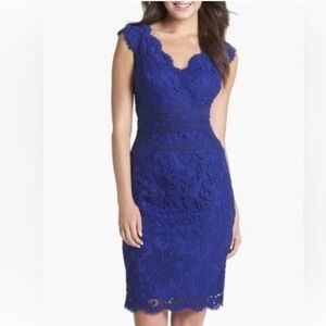 Tadashi Shoji Blue Sheath Lace Dress with Sweetheart Neckline